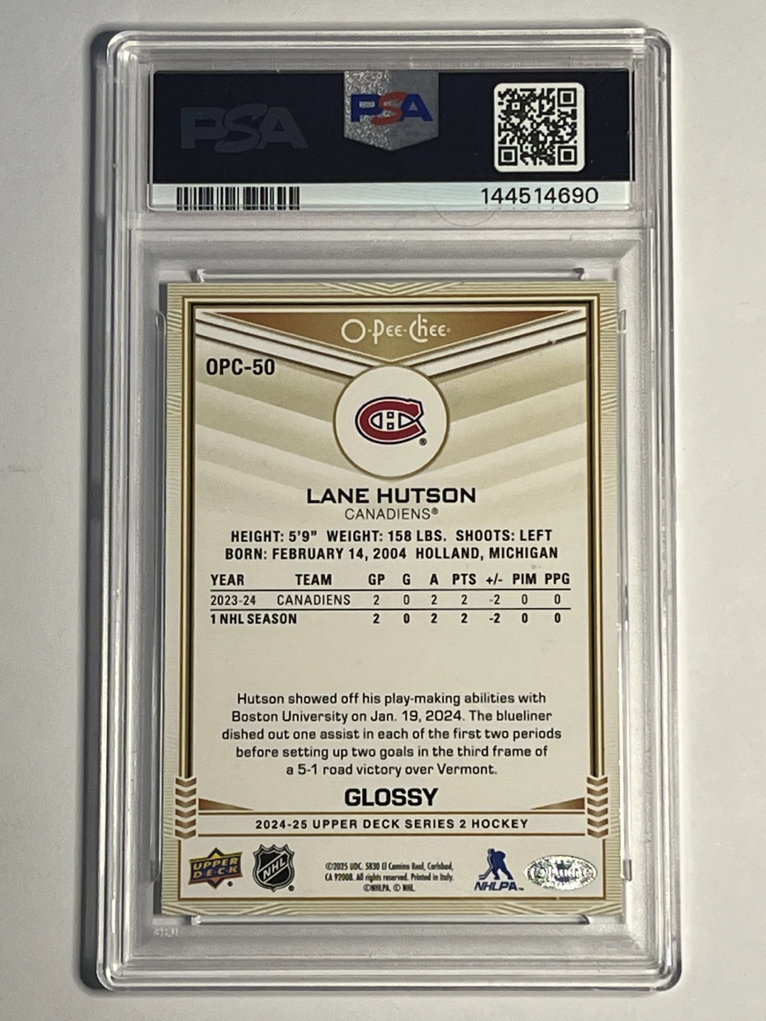 2024 Upper Deck Lane Hutson O-Pee-Chee Glossy-Gold Card #OPC50 - photo 2