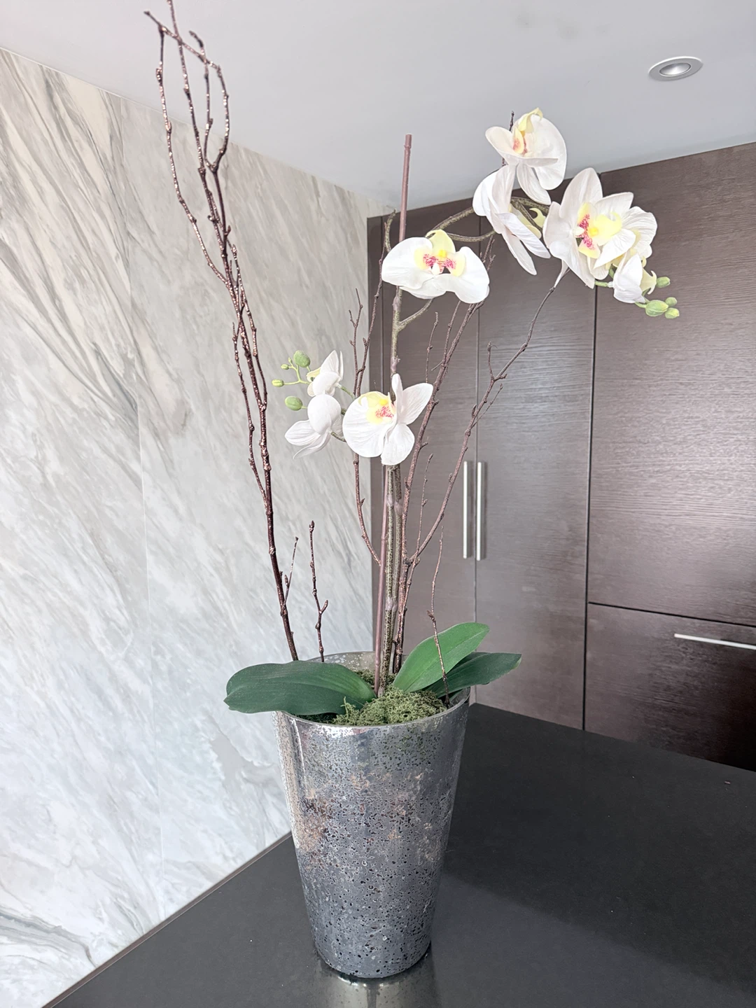 Faux White Orchid Plant in Textured Pot