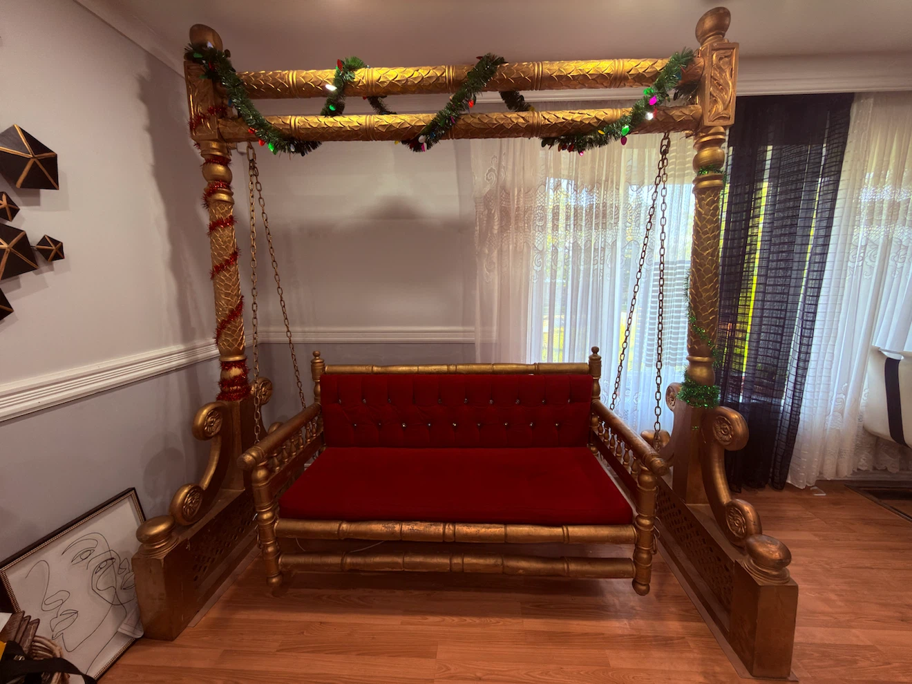 Gold Red Tufted Bench Swing