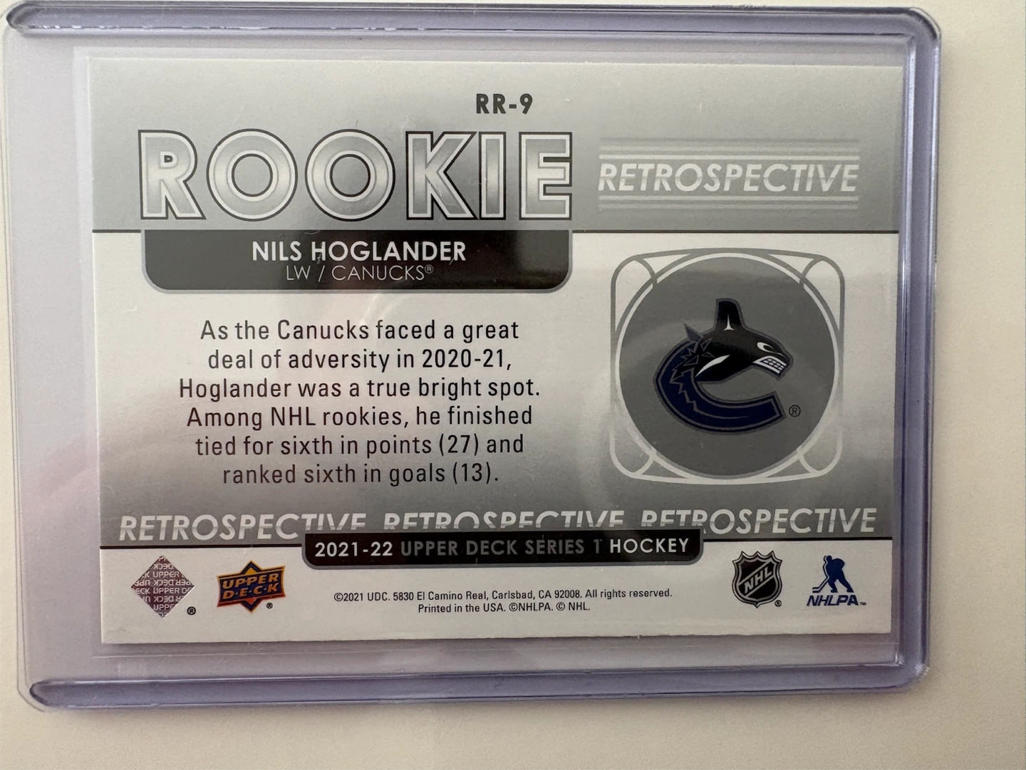 Nils Hoglander 2020-21 Rookie Retrospective Hockey Card - photo 2