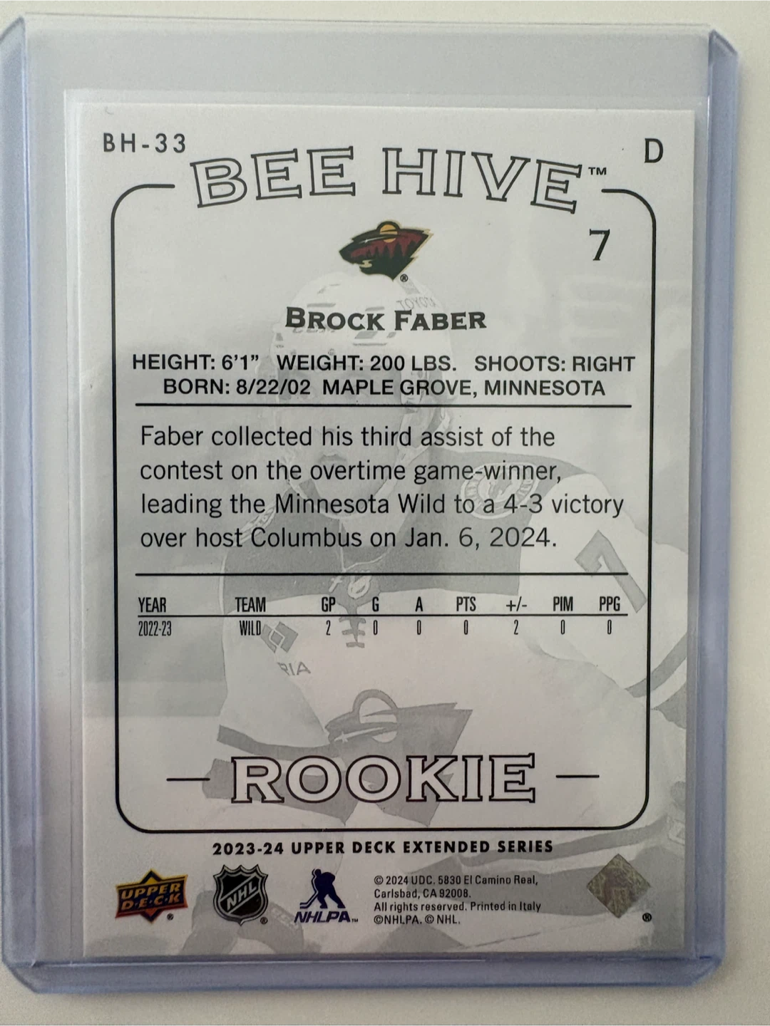 Upper Deck Bee Hive Brock Faber Rookie Hockey Card - photo 2