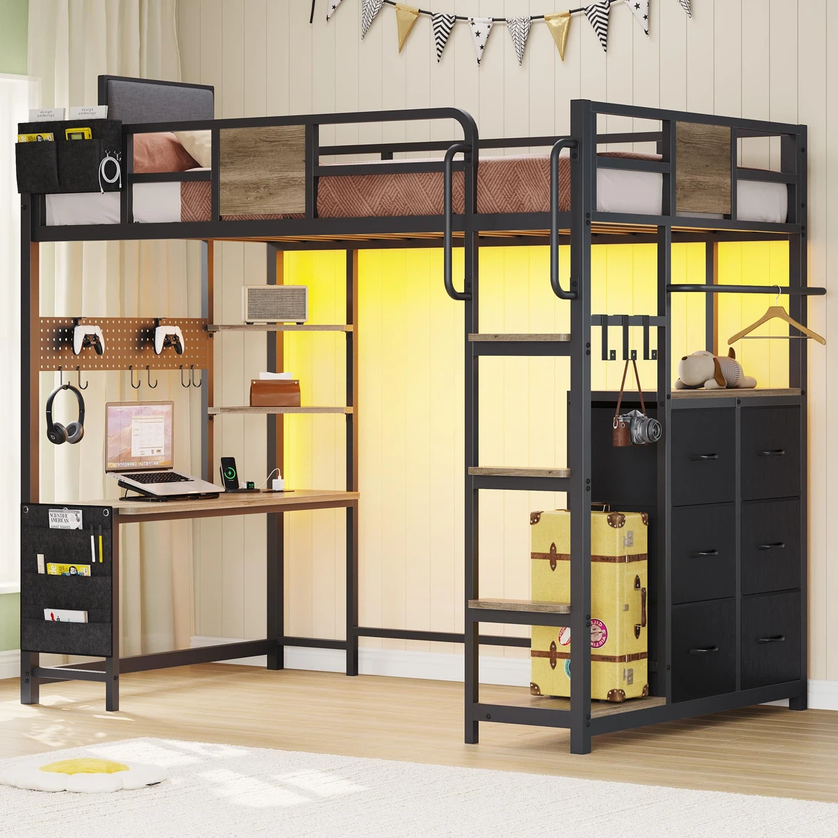 BYSAUD Twin Loft Bed with Desk and 6 Storage Drawers