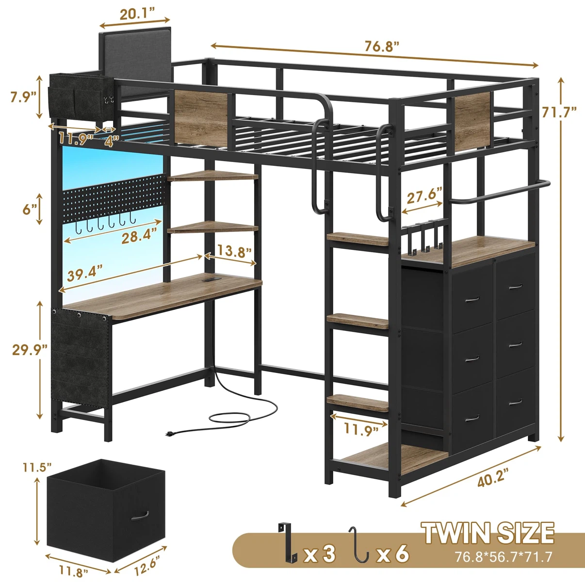 BYSAUD Twin Loft Bed with Desk and 6 Storage Drawers - photo 2