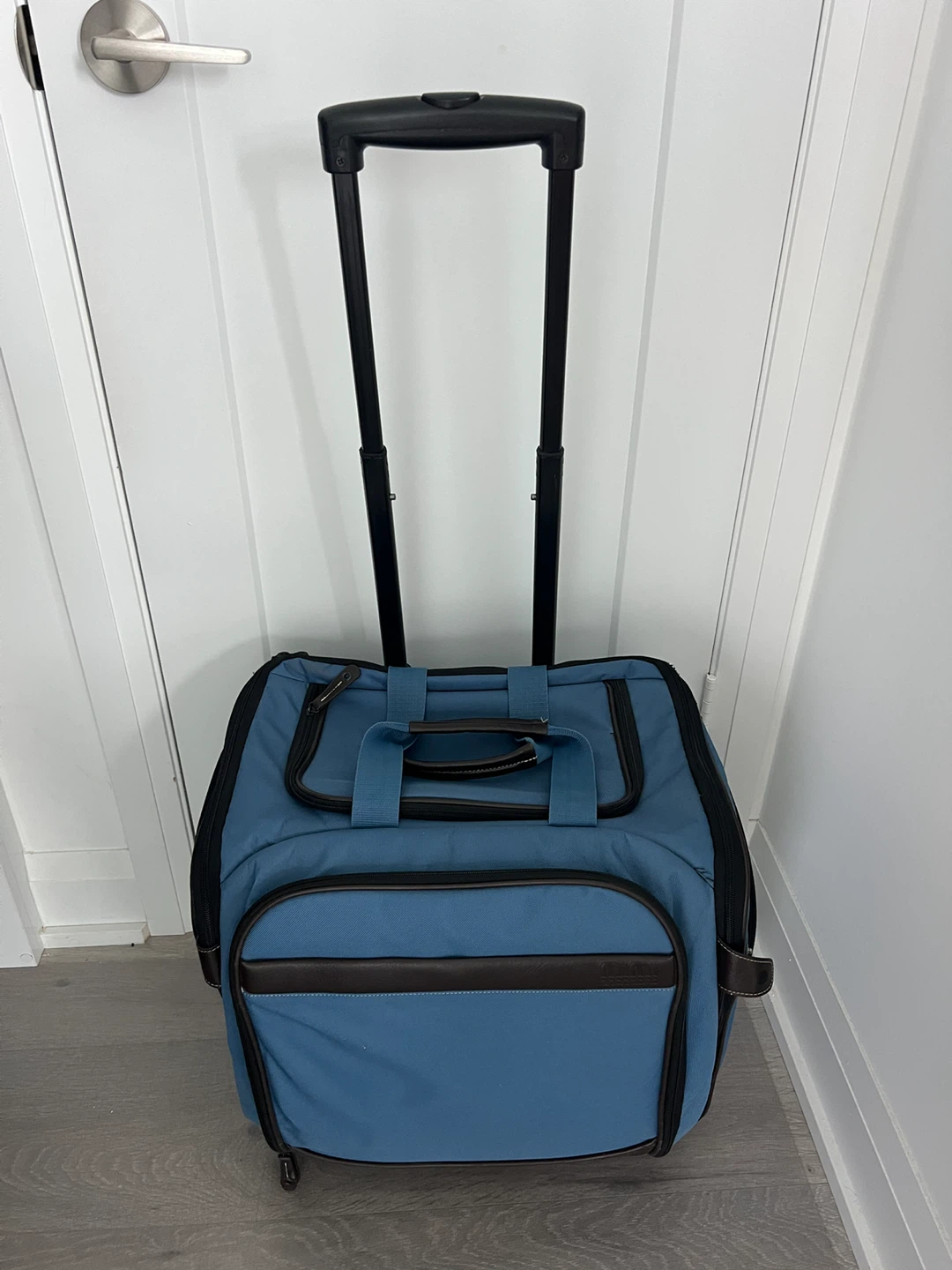 Blue rolling carrier with accessories