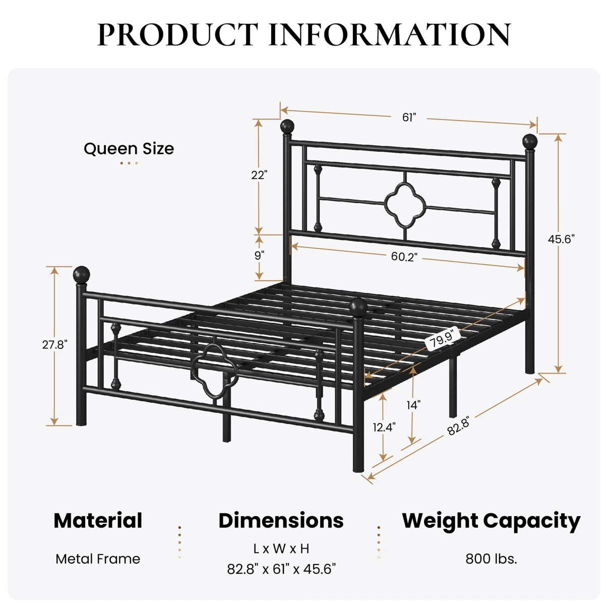 SHA CERLIN 14 Inches Queen Size Metal Platform Bed Frame