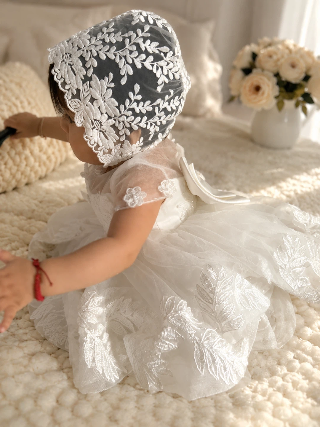 Baby Girl White Lace Christening Gown with Bonnet