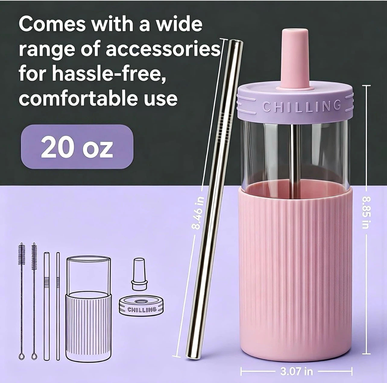20oz Glass Tumbler with Silicone Sleeve & Straw Set - photo 2