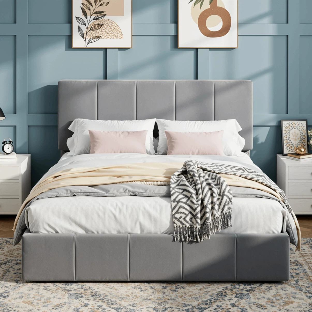 SHA CERLIN Queen Bed Frame, Velvet Upholstered Platform Bed