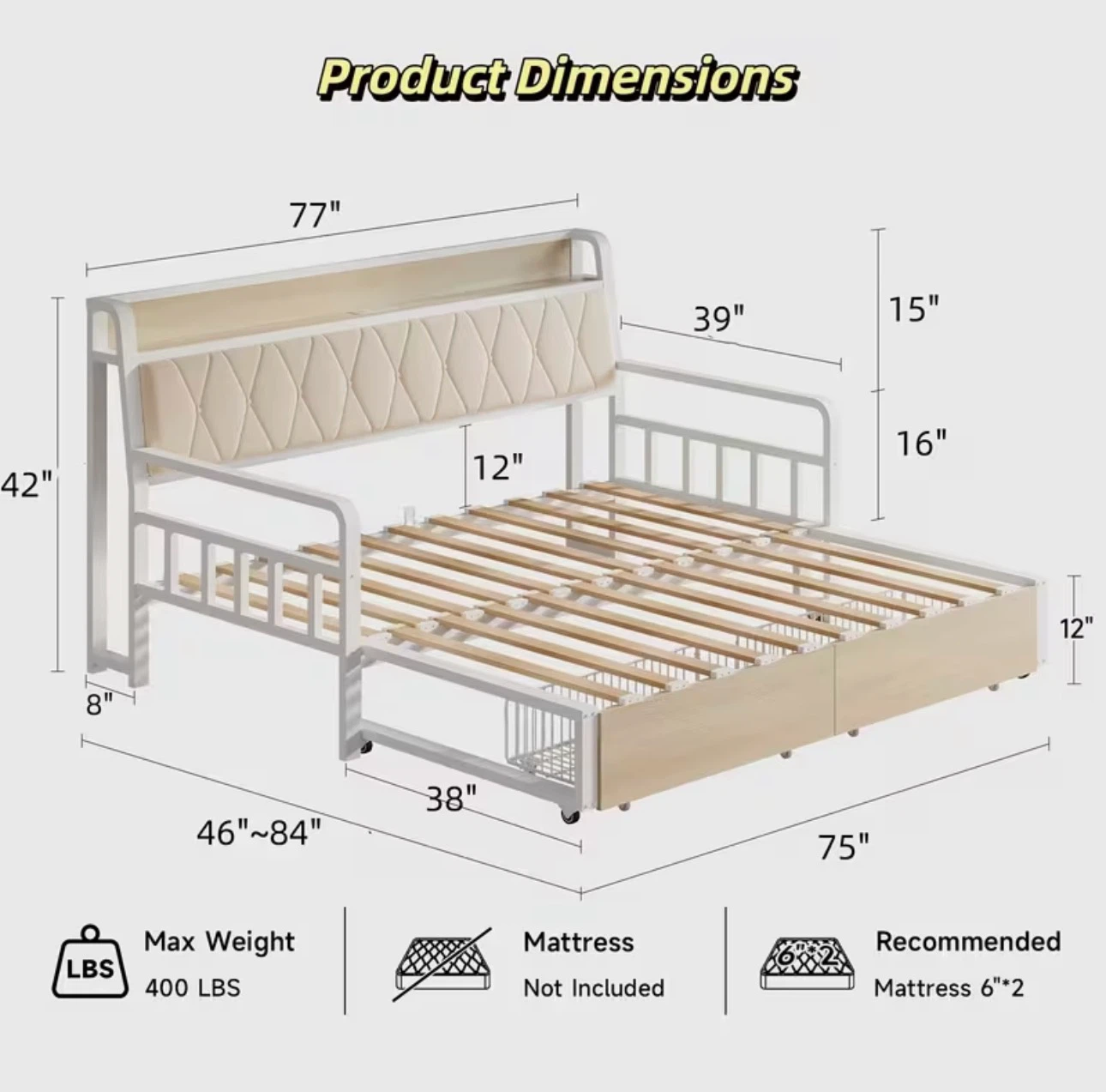 White Metal Daybed with Headboard and Drawers