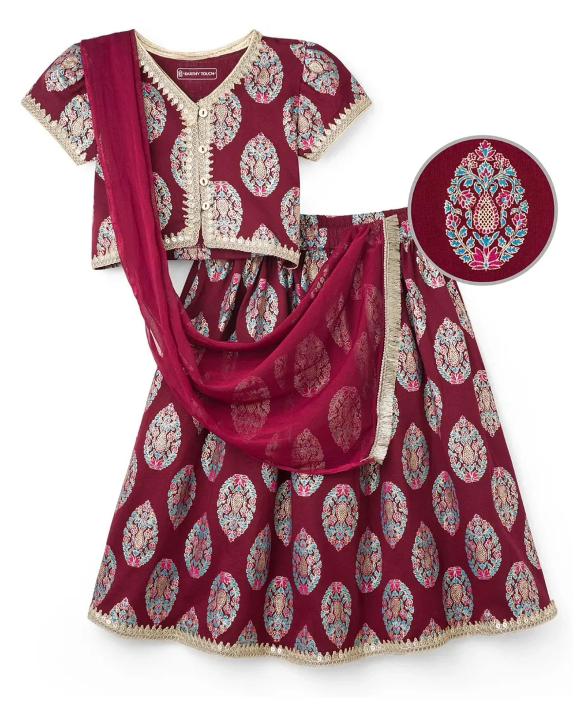 Earthy Touch Girls' Kurta Skirt and Dupatta Set