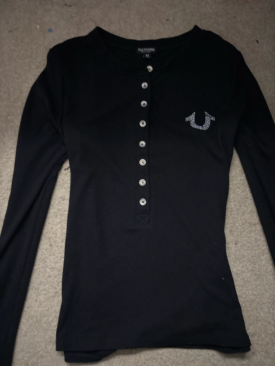 True Religion Black Rhinestone Horseshoe Long Sleeve Top