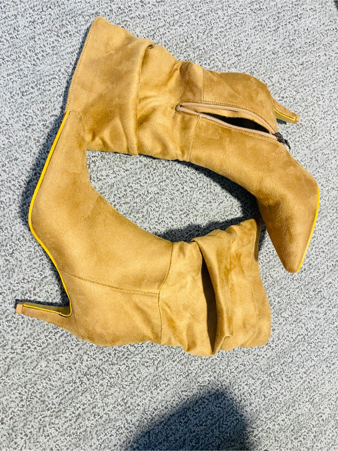Tan Suede Slouch Boots with Yellow Accents