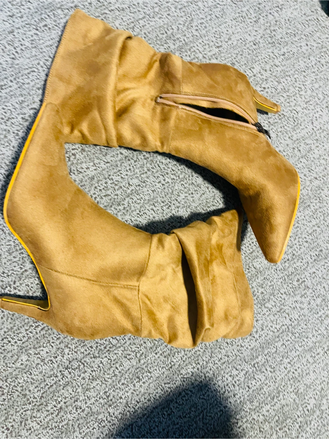 Tan Suede Slouch Boots with Yellow Accents - photo 3