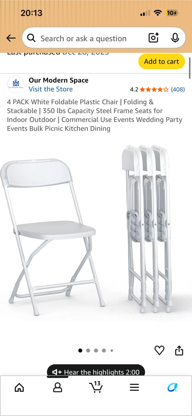 4 Pack White Foldable Plastic Chairs by Our Modern Space