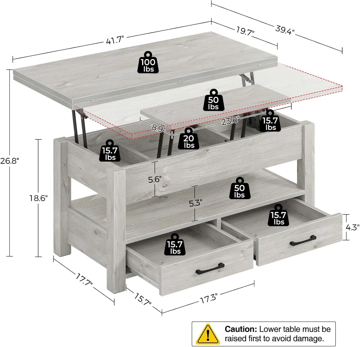 Lift-Top Convertible Coffee Table with Drawers