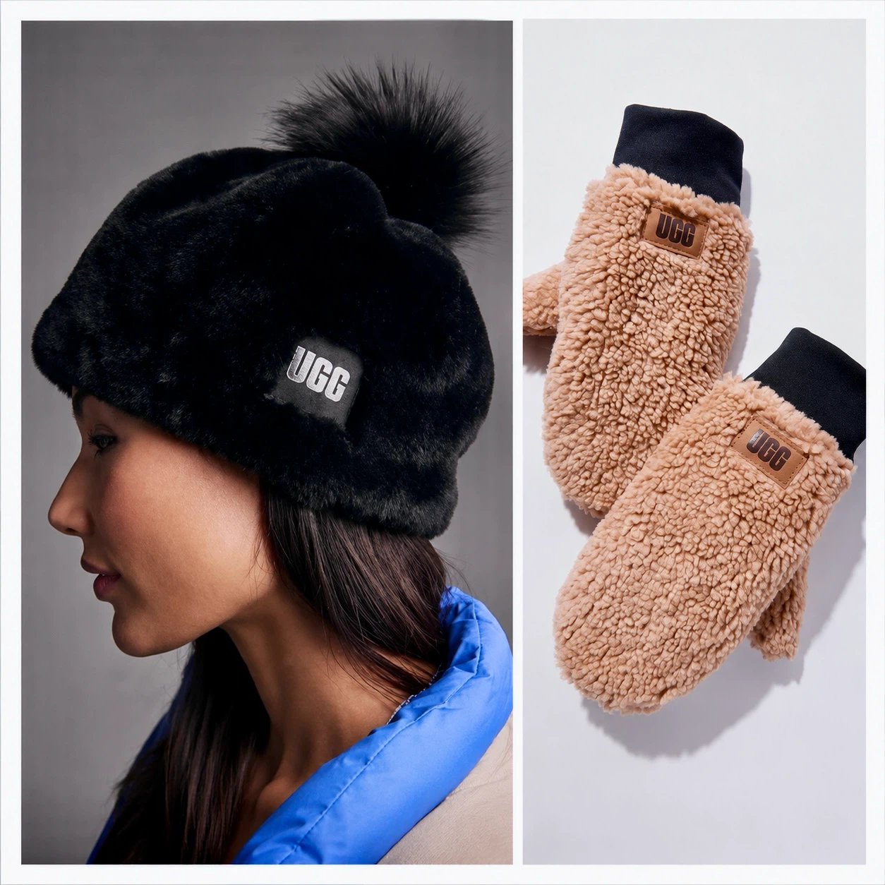 [AUTH] UGG Black Faux Fur Pom Pom & Sherpa Mittens $40/set
