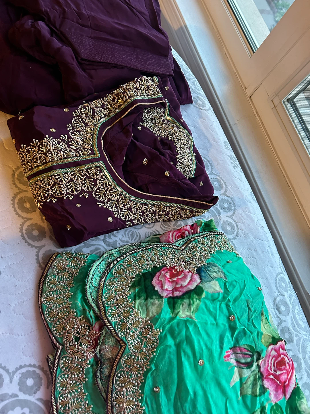 Embroidered Purple Salwar Kameez Suit with Green Dupatta