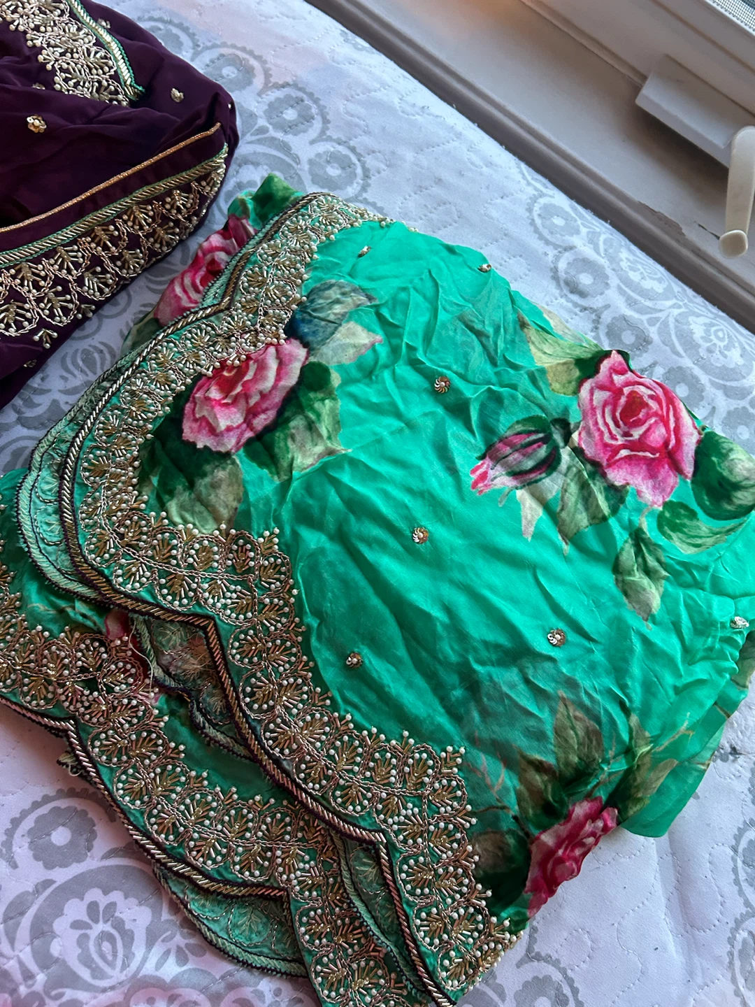 Embroidered Purple Salwar Kameez Suit with Green Dupatta - photo 2