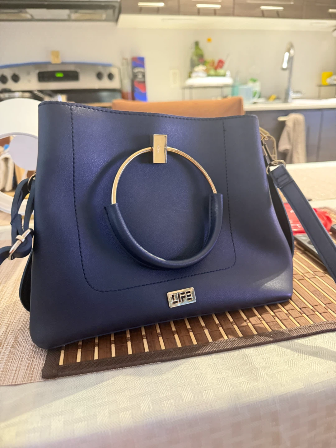 Navy Blue LIFE Handbag with Gold Accents