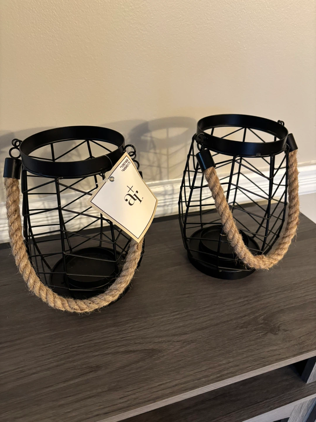 Set of 2 Black Wire Lanterns with Rope Handles
