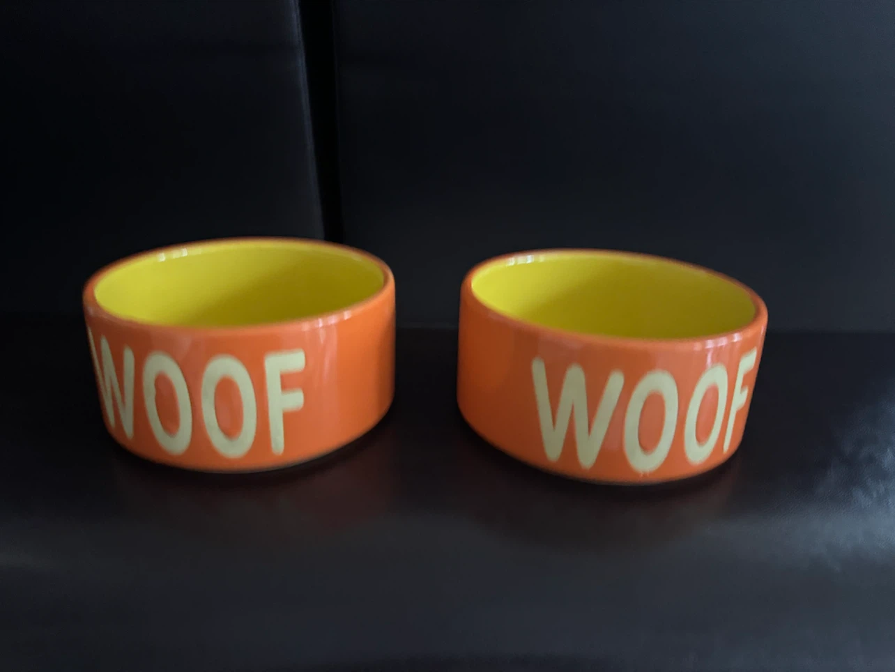 Pair of Orange "WOOF" Ceramic Pet Bowls