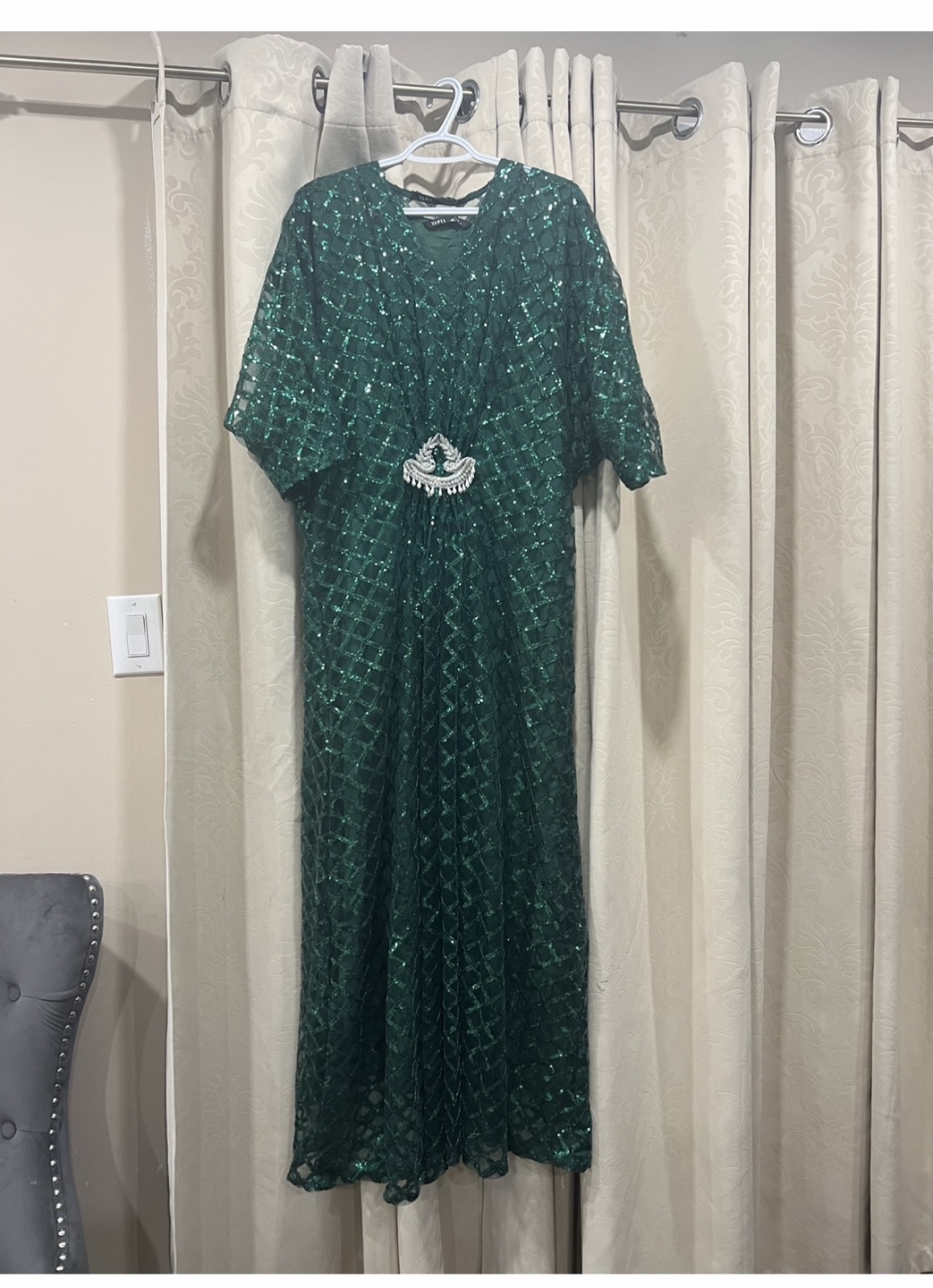 Vaanya Green Sequin Kaftan Dress with Embellishment