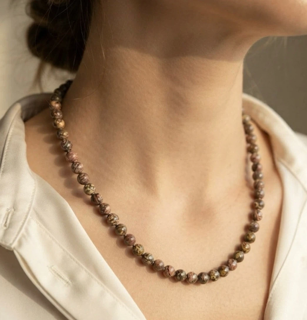 Vintage 24" Hand-Knotted Leopard Skin Jasper Bead Necklace