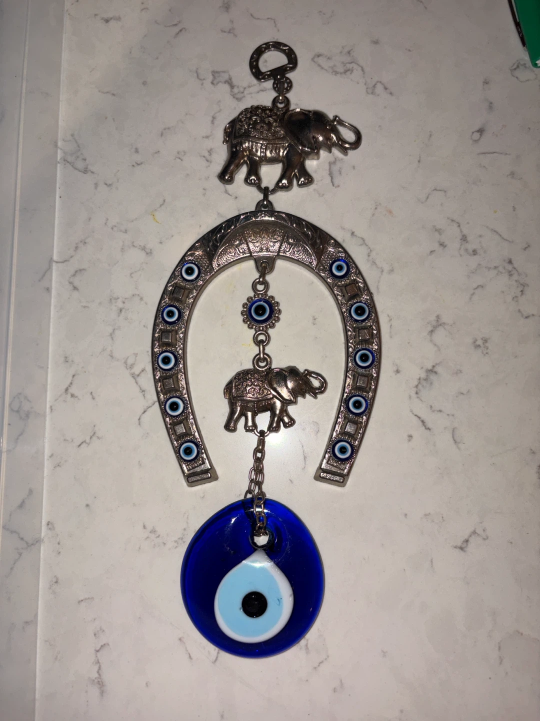 Hanging Evil Eye Charm with Elephants and Horseshoe