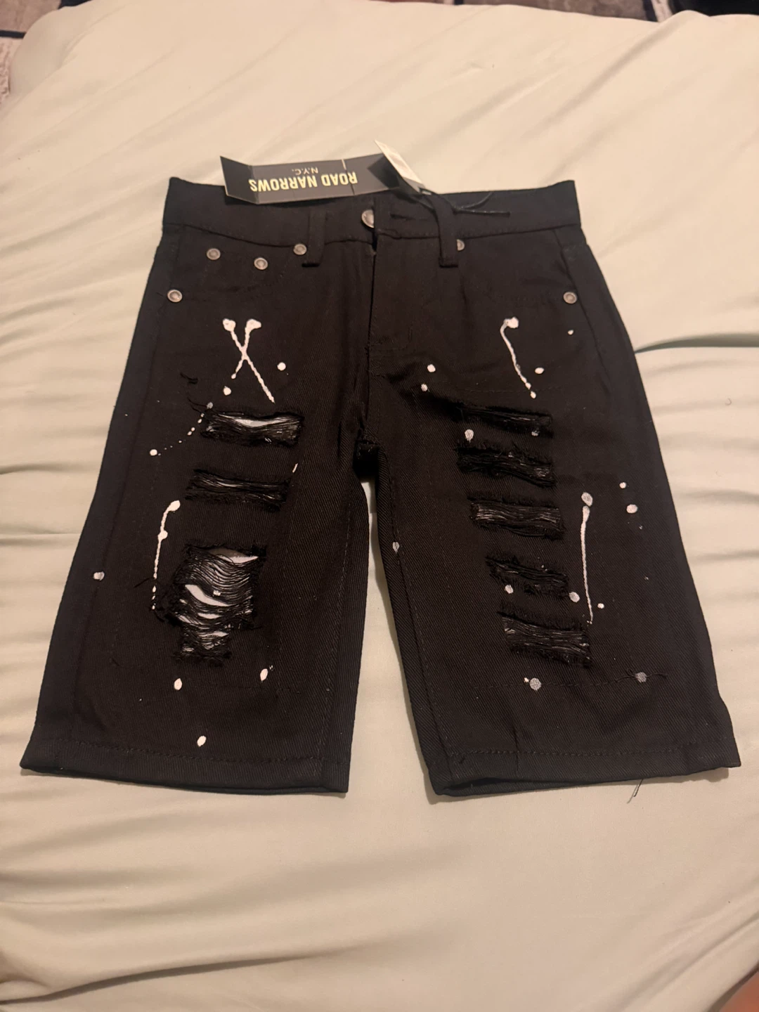Road Narrows NYC Black Paint Splatter Distressed Denim Shorts