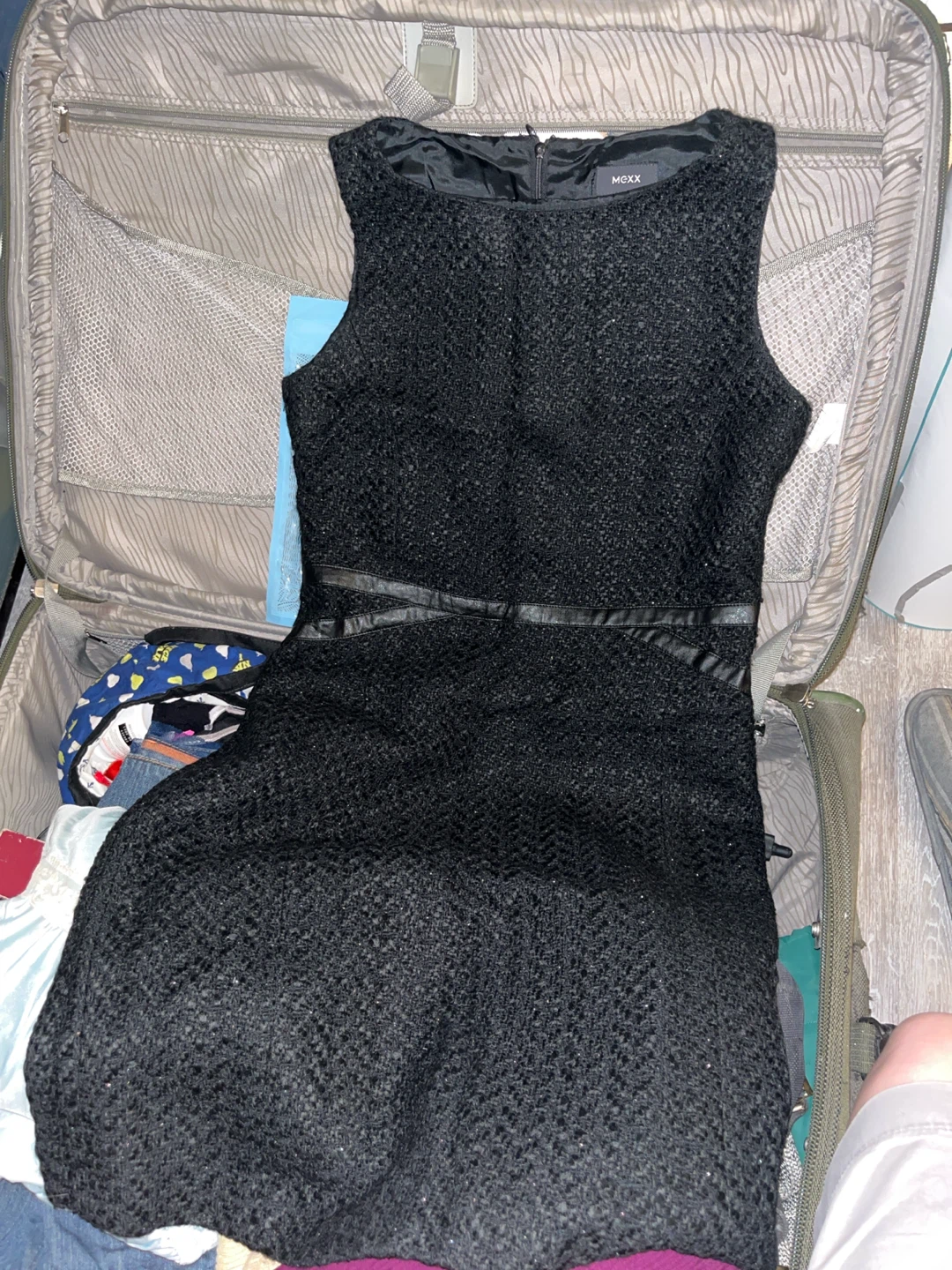sparkly subtle black dress with leather fake pocket detail