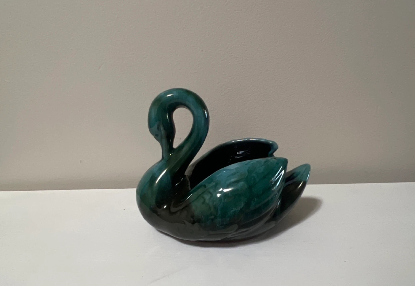 MCM Vintage Blue Mountain Swan Planter / Dish - Green Drip Glaze