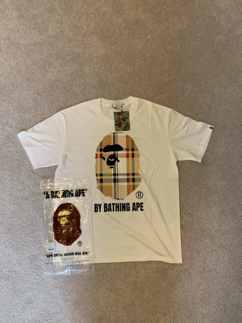 Bathing Ape White T-Shirt with Plaid Ape Head