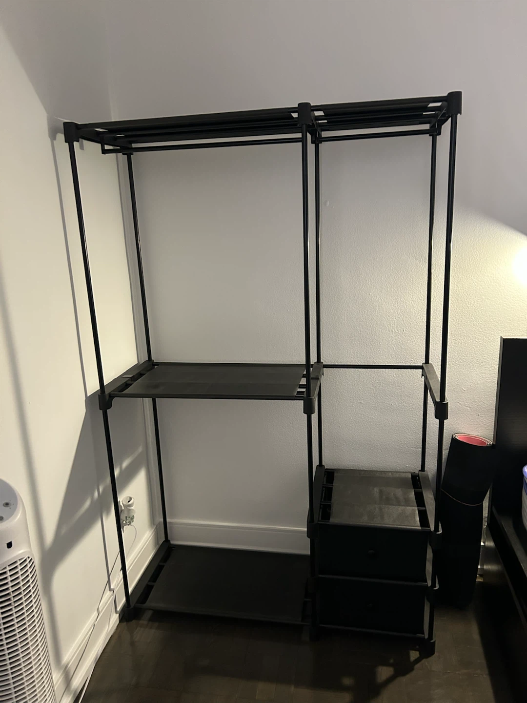 Black Metal Garment Rack with Shelves and Drawers