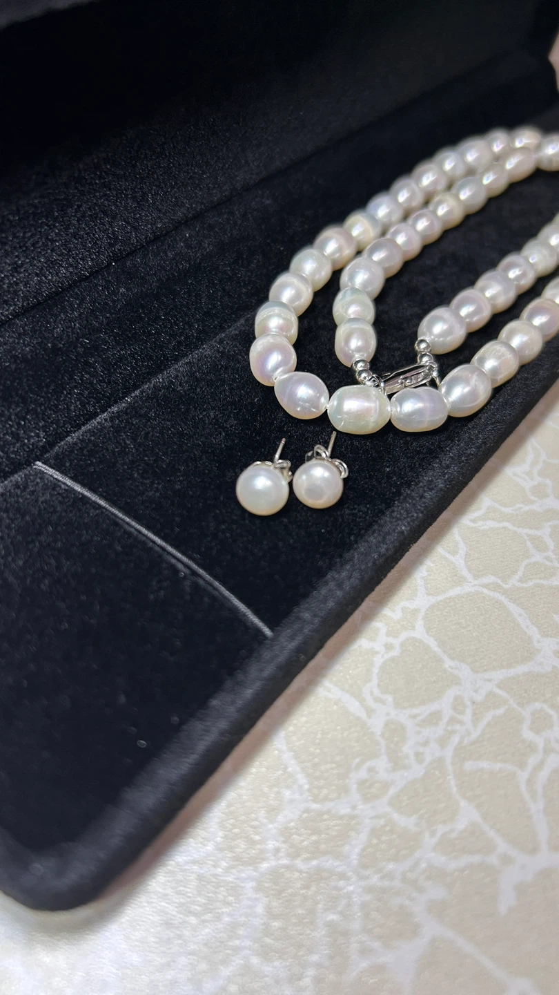 Natural freshwater Pearl Necklace and Earring Set with Box - photo 2