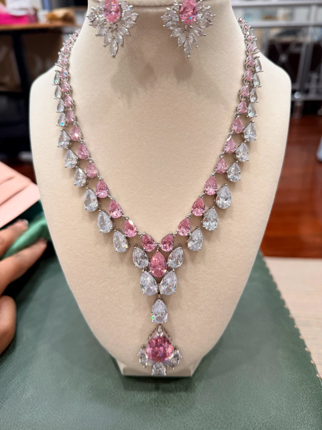 Pink and White Crystal Necklace and Earring Set
