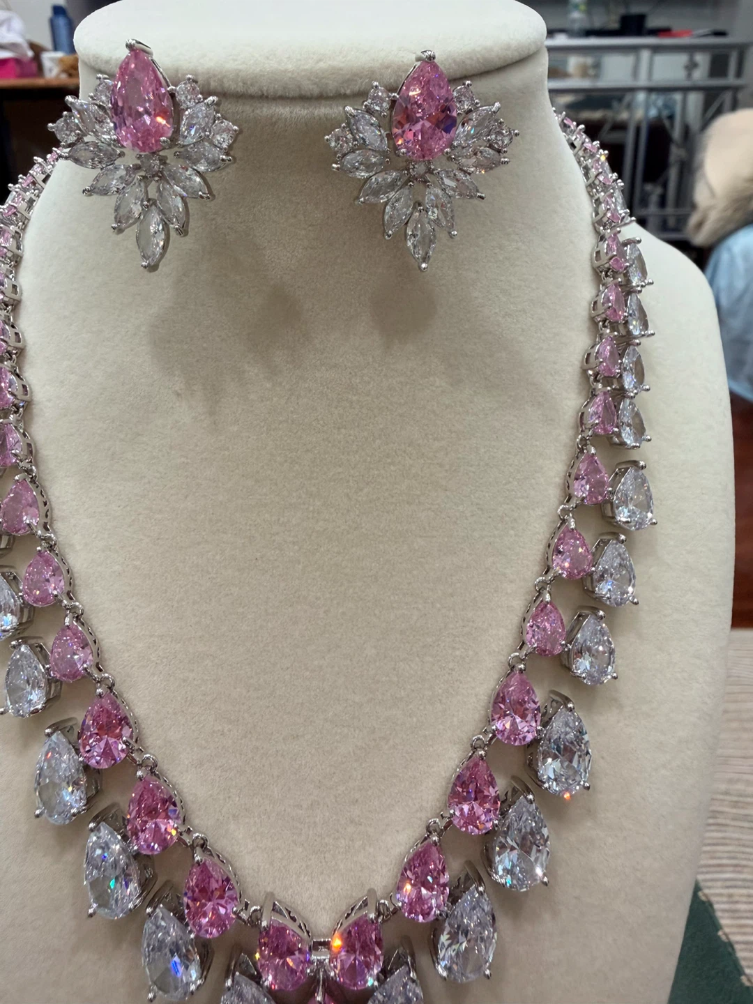 Pink and White Crystal Necklace and Earring Set - photo 3