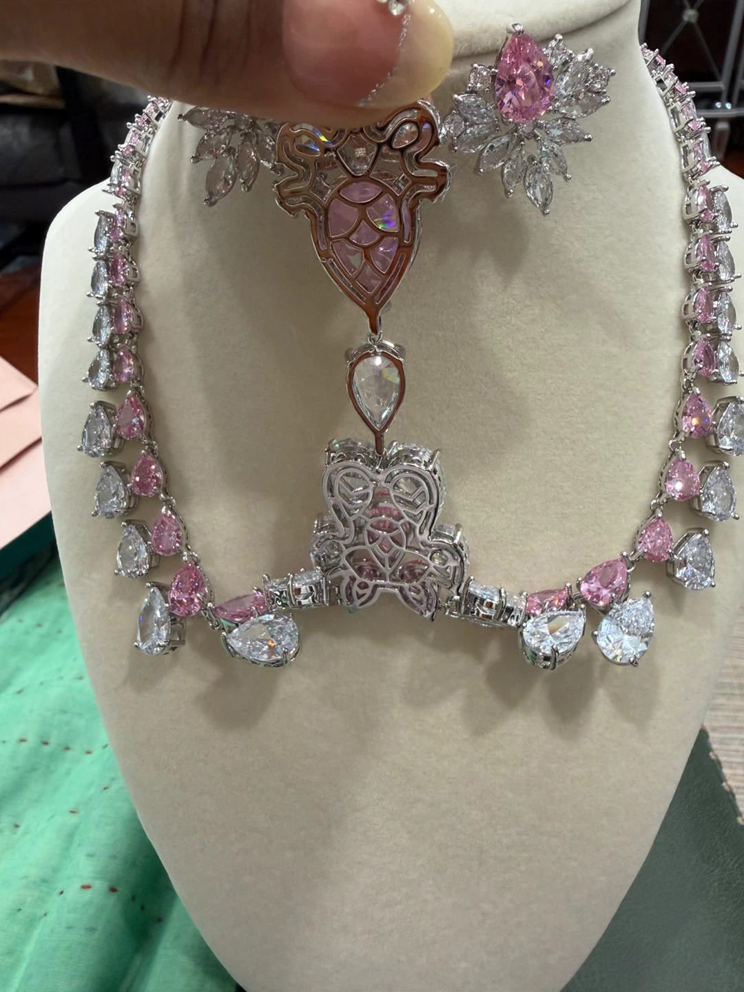 Pink and White Crystal Necklace and Earring Set - photo 5