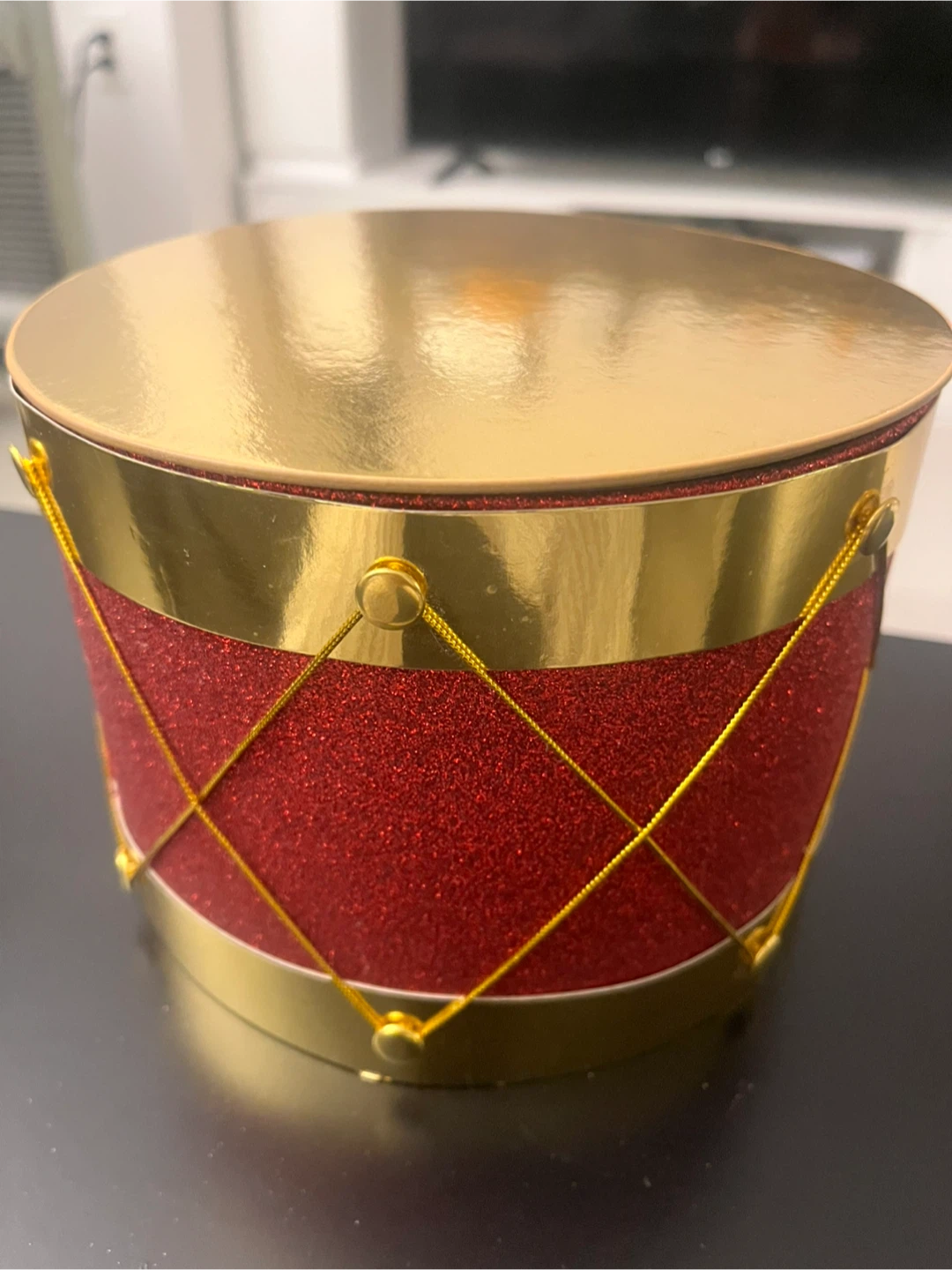 Red and Golden Decorative Drum Gift Box. Round, cylinder.