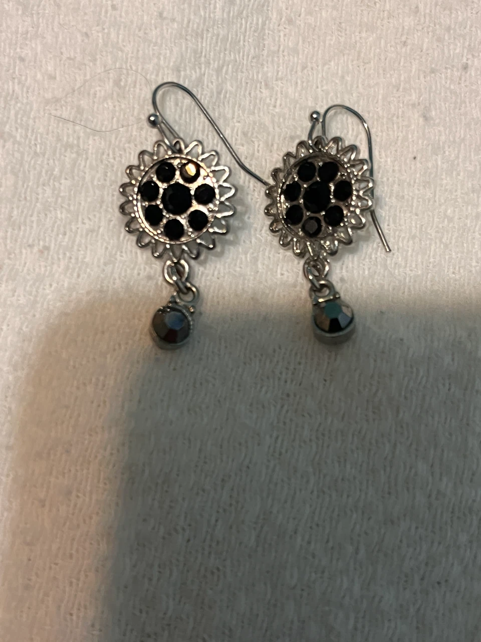 Silver-tone Flower Earrings with Black and Gray Gems