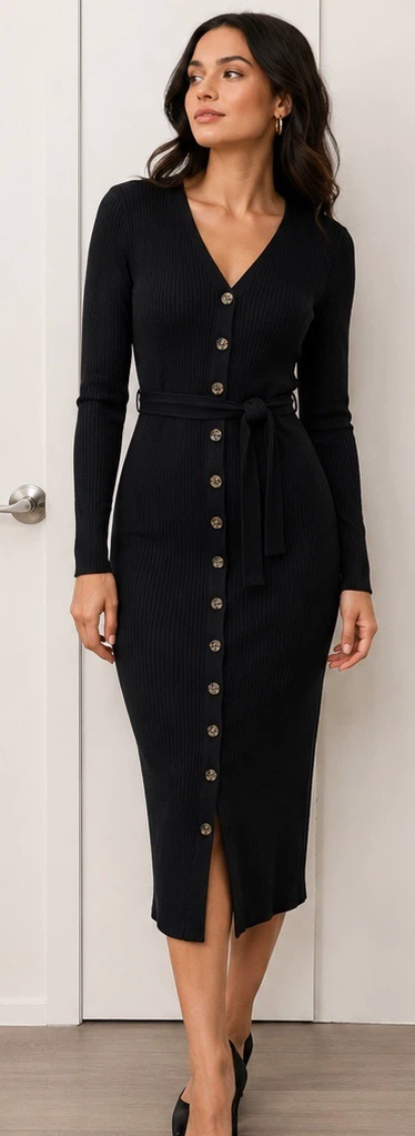 Pink Rose Black Ribbed Button-Front Midi Dress with Belt