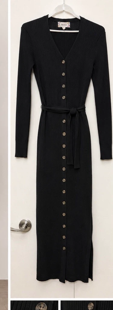 Pink Rose Black Ribbed Button-Front Midi Dress with Belt - photo 2