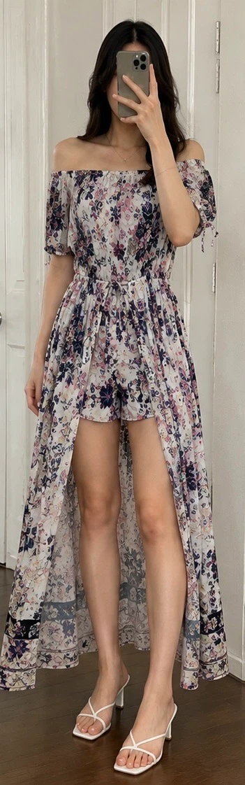 Women's Floral Off-the-Shoulder Maxi Dress with Shorts