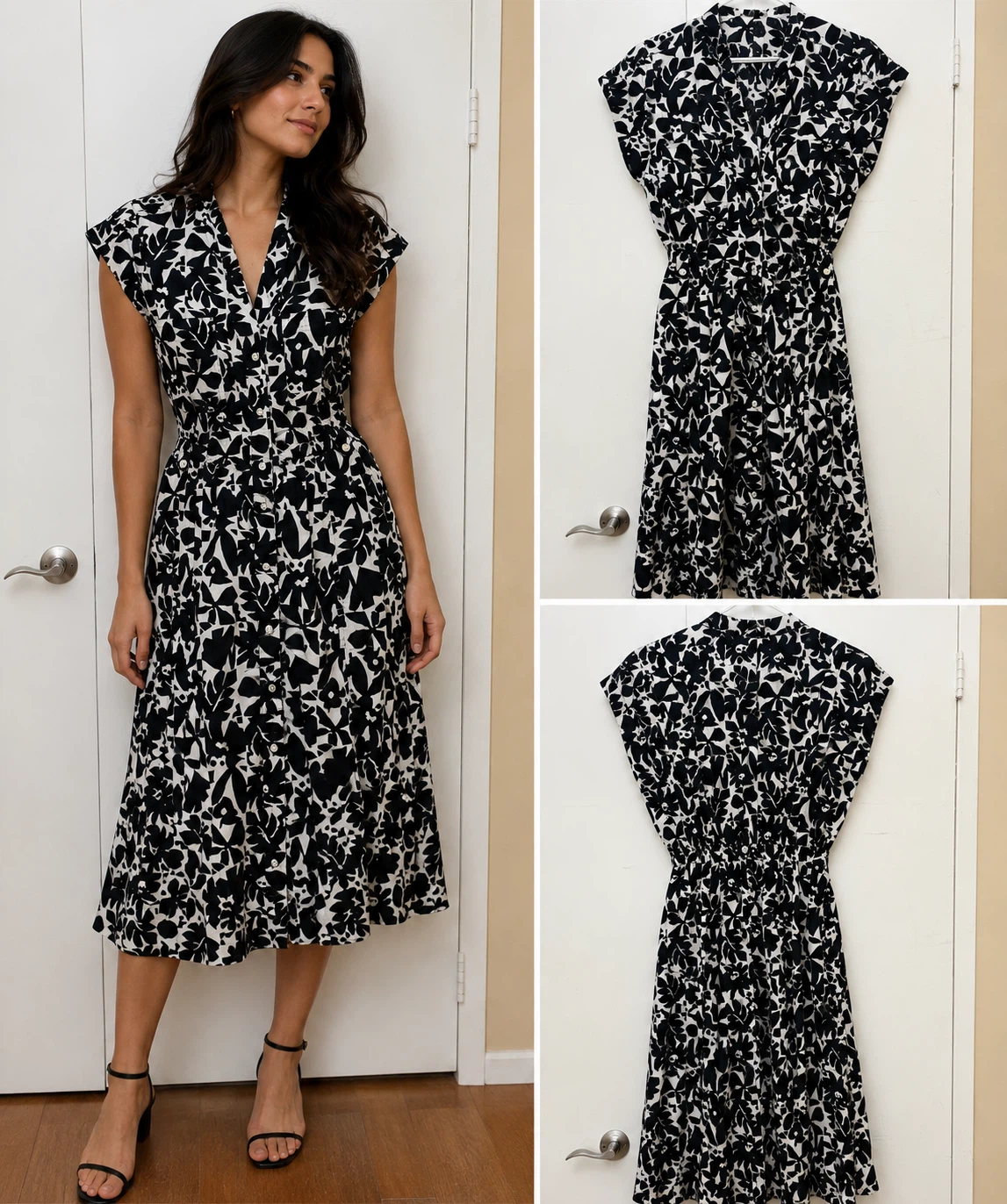 Black and White Floral Print Midi Dress