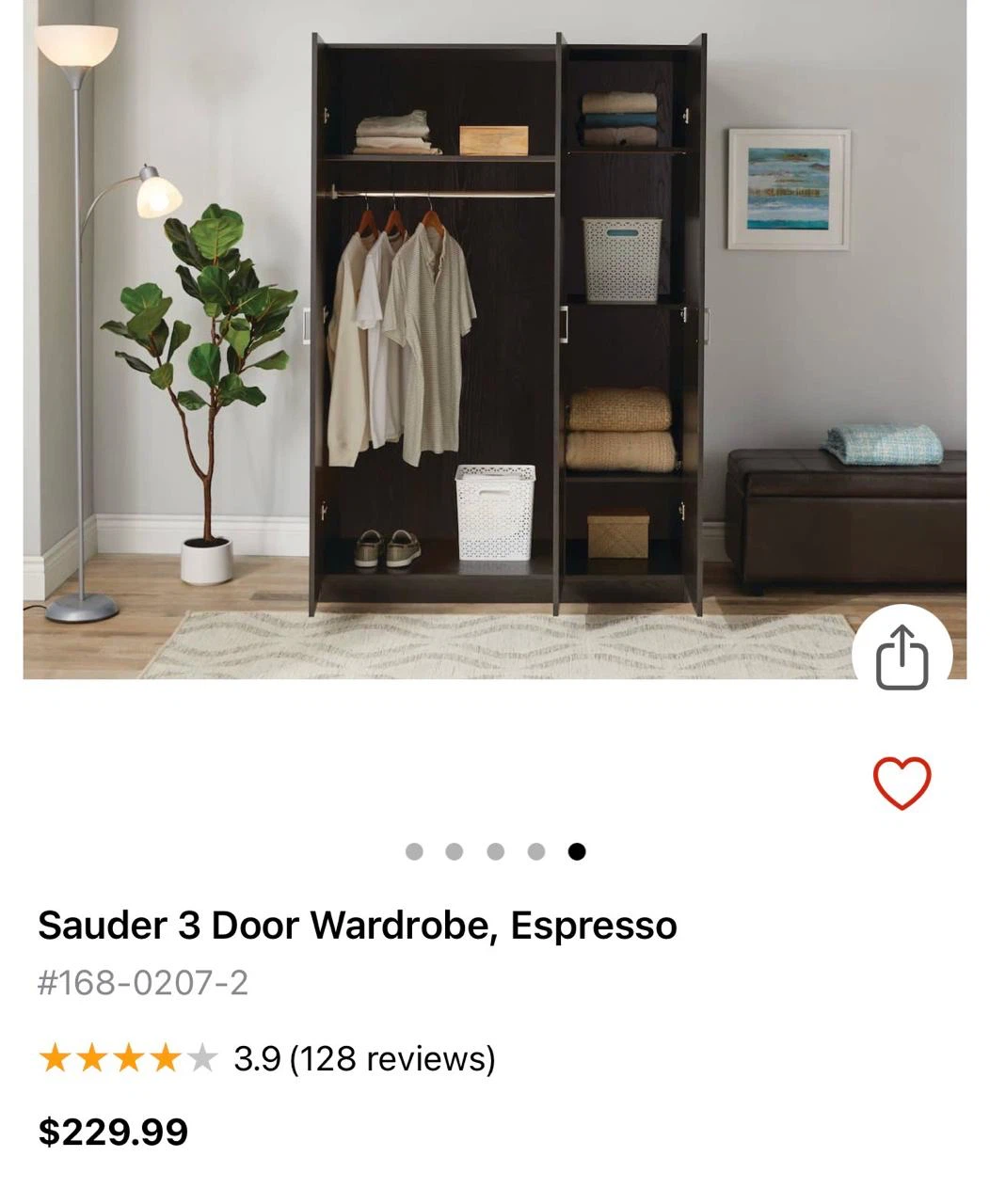 Sauder 3 Door Wardrobe, Espresso - photo 3