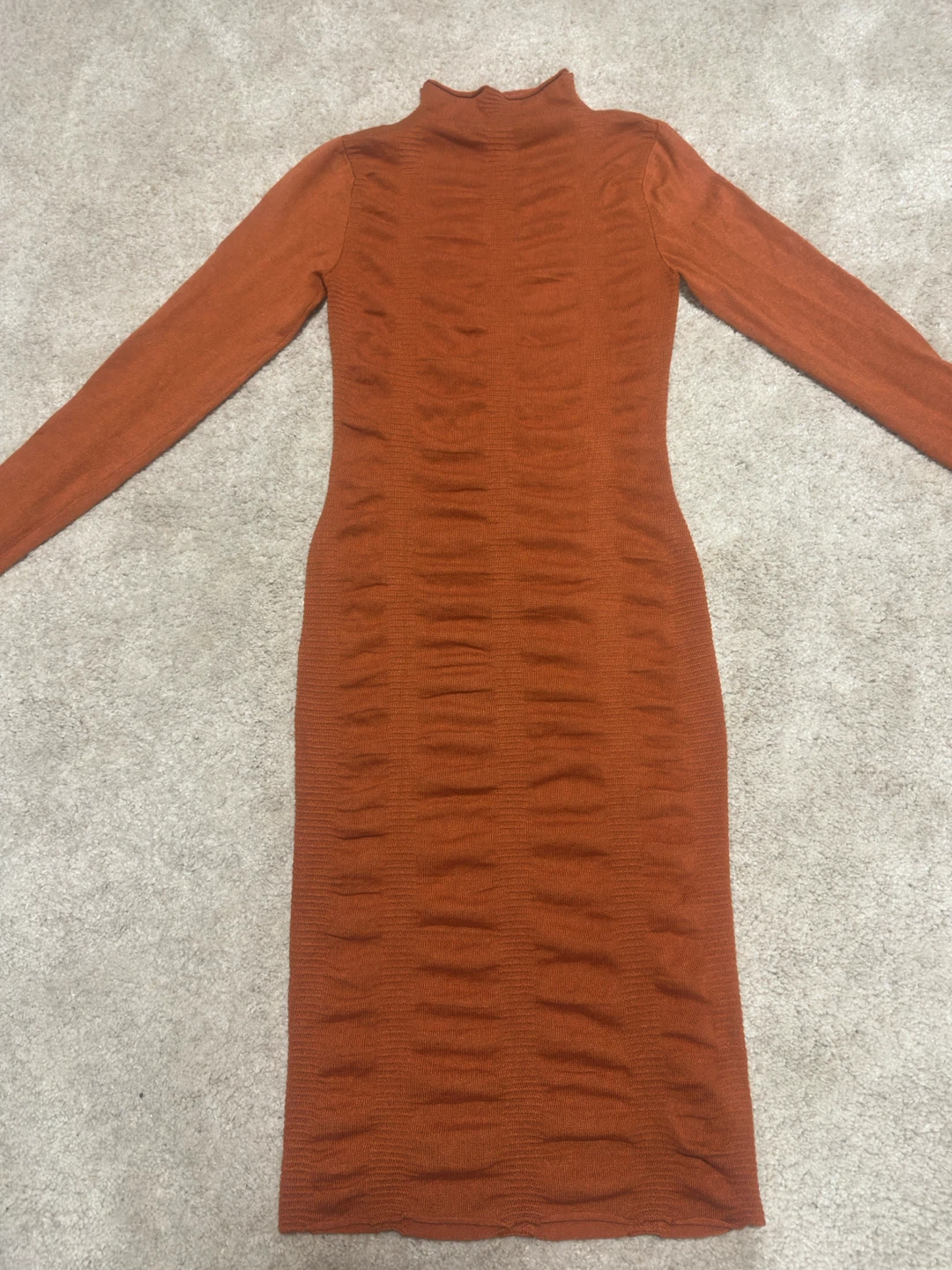 Orange Ribbed Mock Neck Midi Dress