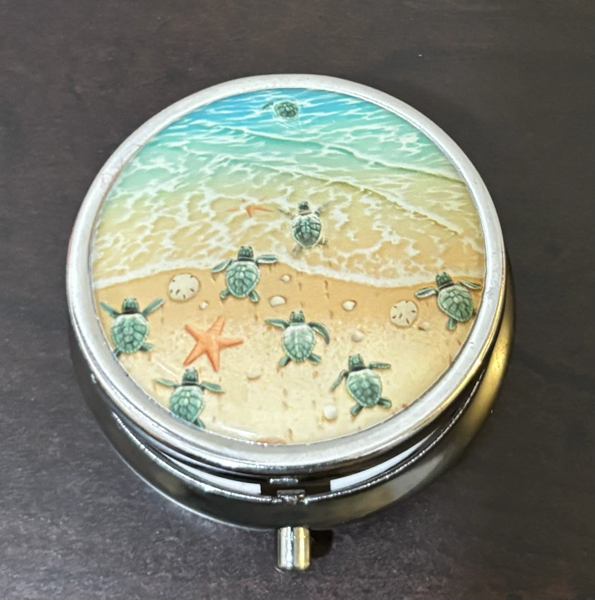NEW-Round Pill Case with Sea Turtle Design