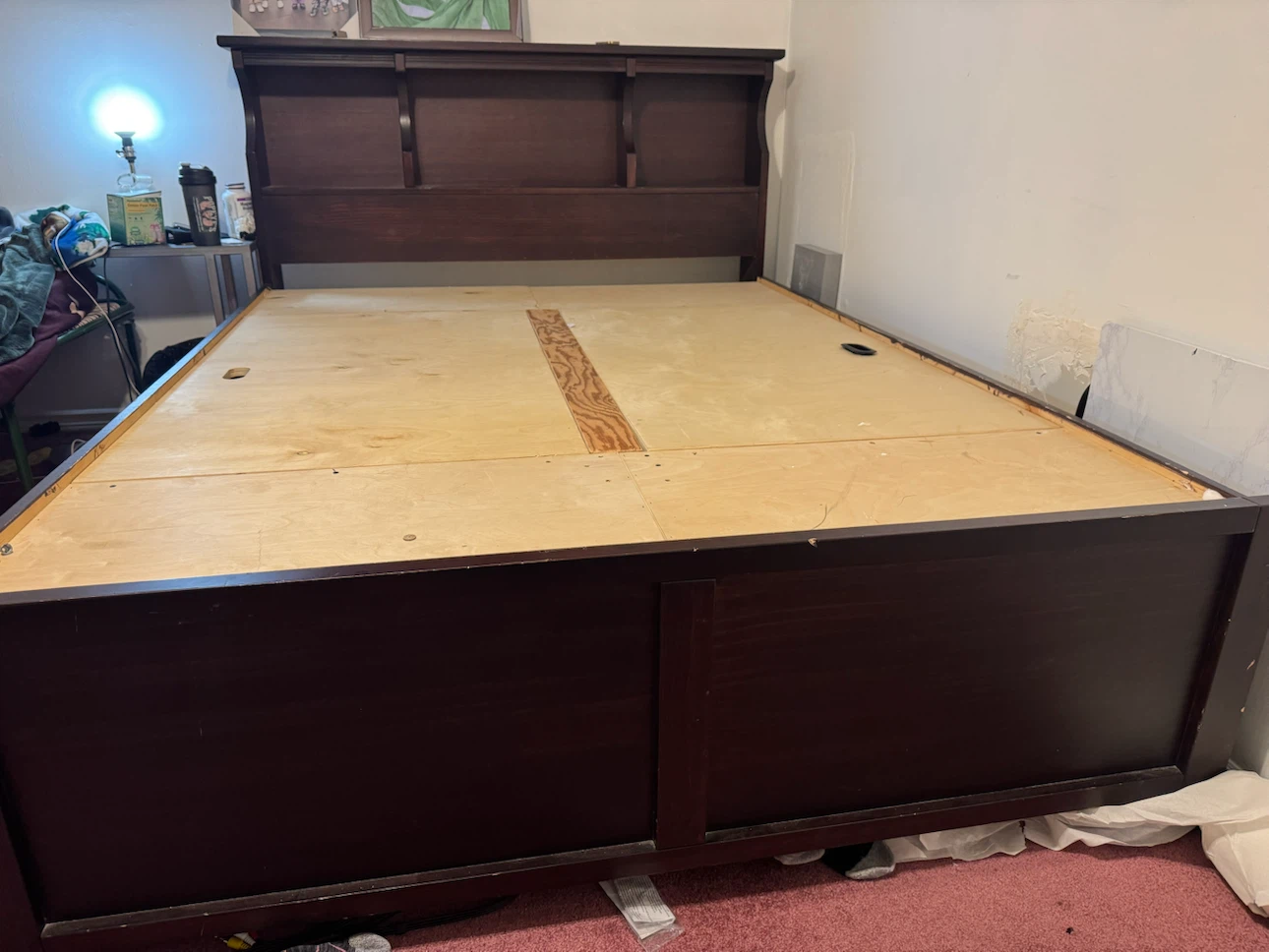 Dark Wood Bed Frame with Headboard Storage