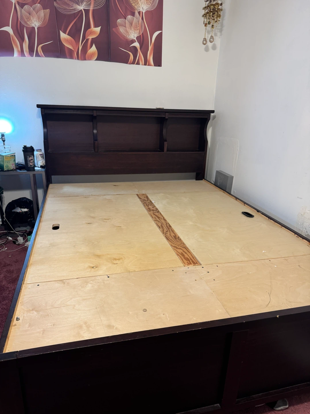 Dark Wood Bed Frame with Headboard Storage - photo 2