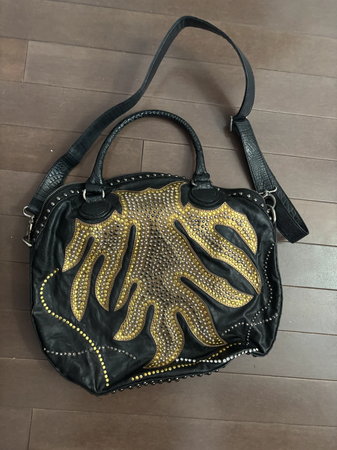 Black Studded Tote Bag with Gold Leaf Design