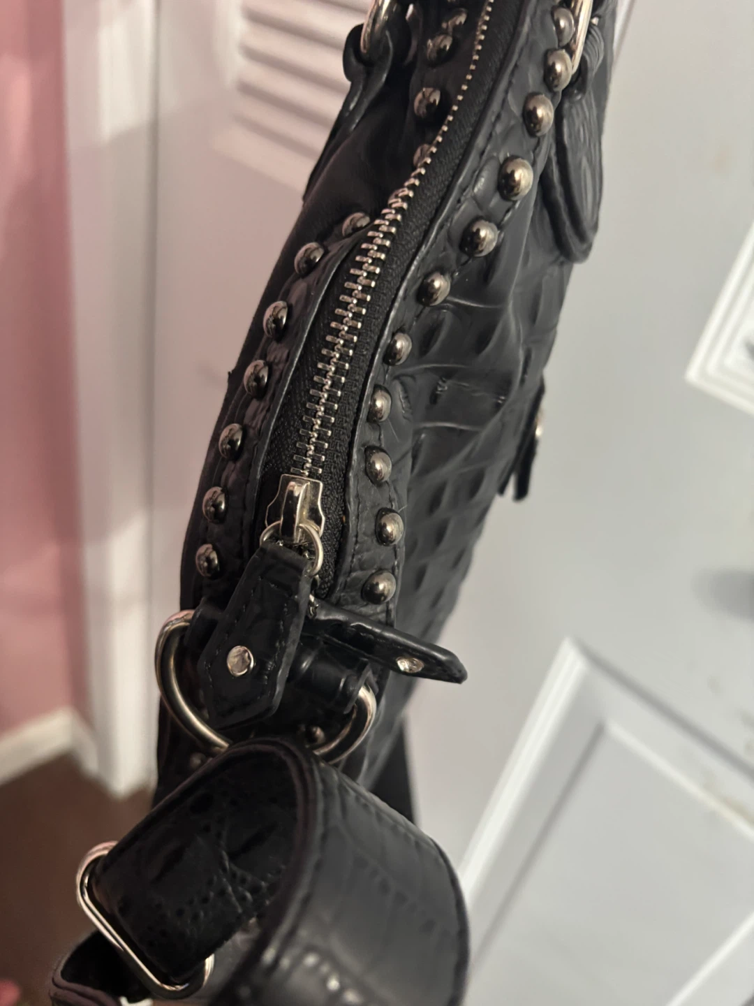 Black Studded Tote Bag with Gold Leaf Design - photo 4